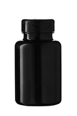 Black plastic jar with lid from tablets insulated on white background. Container or container from medicines and homeopathy. Layout with space to copy.