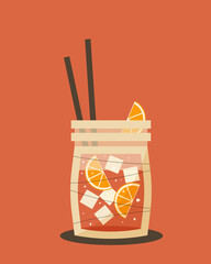 Refreshing lemonade in a jar with straws or orange juice with straws flat simple vector