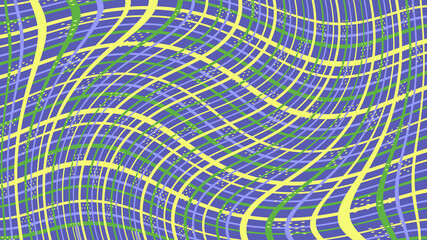 Abstract irregular checkered trippy background with yellow, green, purple lines and dots on Very Peri violet background. Trendy colors geometry. Modern design. Cute print. Neural networks concept. AI.