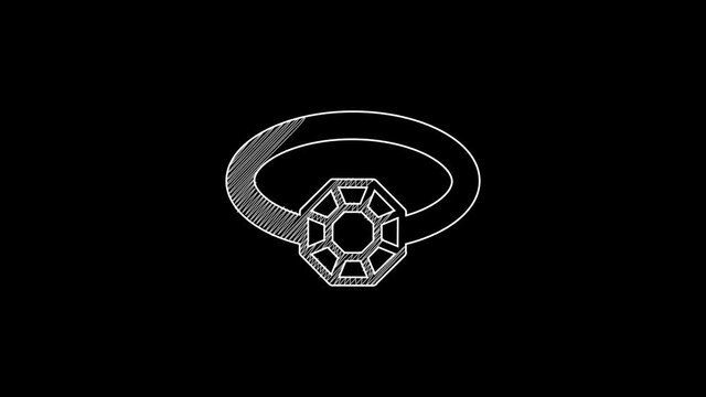 White line Diamond engagement ring icon isolated on black background. 4K Video motion graphic animation