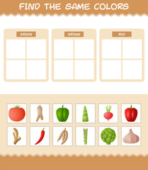 Find the same colors of vegetables. Searching and Matching game. Educational game for pre shool years kids and toddlers