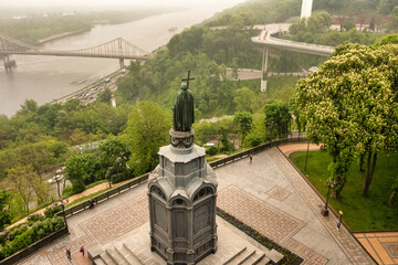 Volodymyr The Great Monument and Dnieper River aerial view - Kiev, Ukraine