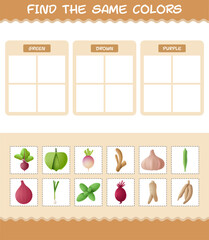 Find the same colors of vegetables. Searching and Matching game. Educational game for pre shool years kids and toddlers