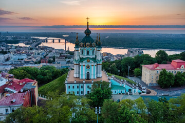 Aerial view of St. Andrew's Church during dawn, one of the most famous sights of the city of Kiev....