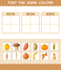 Find the same colors of vegetables. Searching and Matching game. Educational game for pre shool years kids and toddlers