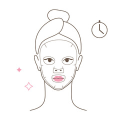 Beautiful girl take care of her face . Woman making skincare ritual. Beauty routine, face mask moisturising. Flat vector Illustration icon