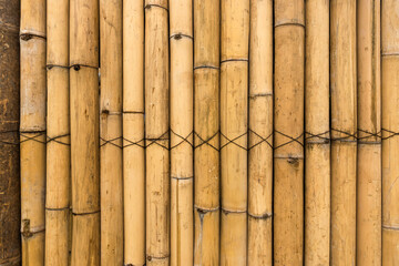Old brown tone bamboo simple wall or Bamboo fence texture background for interior or exterior design vintage tone. Brown bamboo stick pattern backdrop. Local area urban house protection from thief.