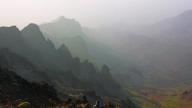 Hazy sunrise at Steens Mountain in Oregon, U.S., aerial view