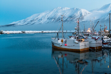 Im kleinen Hafen des Fjords Sørlenangen am Ullsfjord in Norwegen