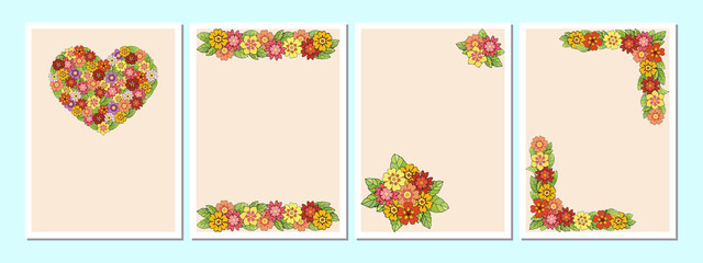 Set of decorative colorful frame templates with primroses, primula for festive design  cards, greeting, posters, flyers, advertisements, letterheads.