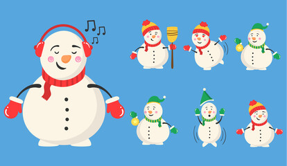 Winter snowman magician with sweets and gifts.