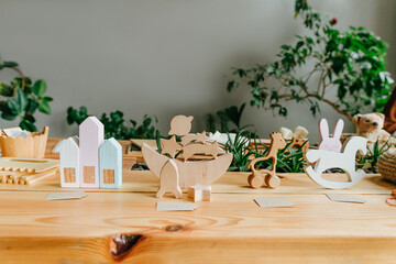 Eco wooden kids toys with price tags on the table at shop