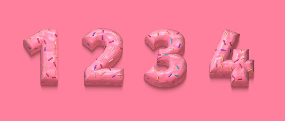 set of numbers made ok cookies on pink background, one two three four