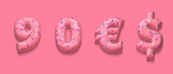 set of numbers and symbols made ok cookies on pink background, nine, zero, euro, dollar