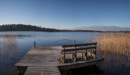 Panorama view over the lake M&auml;laren from a jetty a sunny frosty winter day in Stockholm