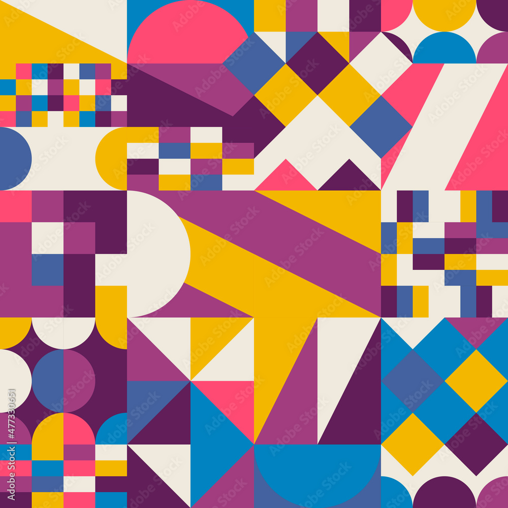 Poster Multicolored geometric tile pattern made of diagonal rectangles, semicircles and rhombuses. Colored bright and abstract mosaic decor.