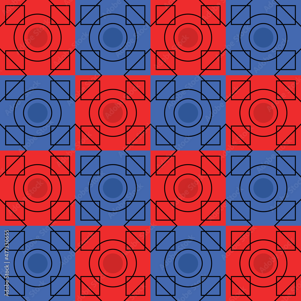 Poster Red and blue checkers alternate with each other. A tile of two colors and dark circles in the center of each tile.