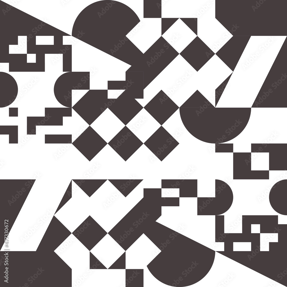 Poster Abstract twisted ornament of geometric shapes in black on a white canvas. Rounded and angular shapes, divided and broken. Vector seamless background.