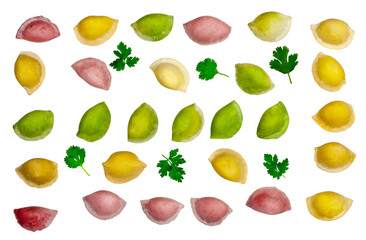 Dumplings and leaves of parsley isolated on white, top view