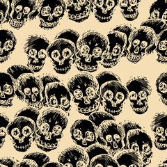 Seamless background of silhouettes abstract textured drawn human skulls