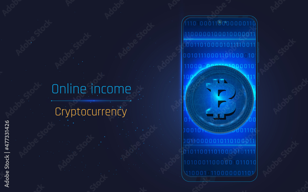 Poster mobile phone and coin of bitcoin in wireframe style, concept of mobile app