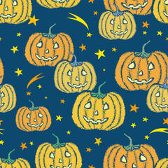 Seamless pattern of cheerful halloween pumpkins with stars