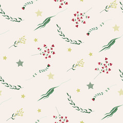 Seamless pattern based on color hand drawn leaves and flowers. Winter seamless pattern with branches and berries. Vector illustration background. Great for seasonal greeting cards. 