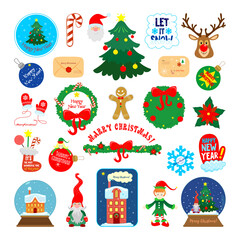 Set of Christmas stickers and decorations. Flat illustrations. New Year's toys and congratulations.
