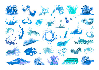 Collection of scenic blue raging waves and splashes. Illustrations of water storms and tsunamis.