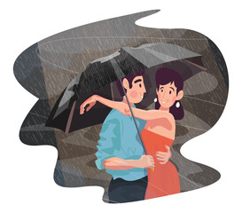 Lovers under an umbrella in the rain. Colorful detailed illustration with a young couple. Love story of one pair.