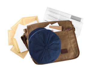 Brown postman bag with mails, newspapers and hat on white background, top view