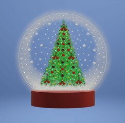 Souvenir - Snow globe on a blue background with a festive Christmas tree. 3D Render