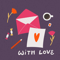 An envelope laying on the table together with a drawing of heart, flowers, sweets and post stamp. A love letter. Declaration of love. Saint Valentine's day card design.