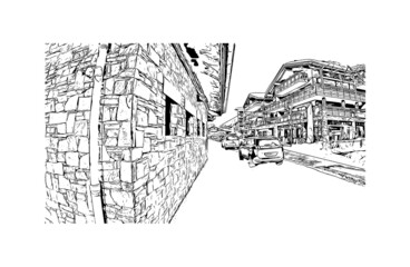 Building view with landmark of Les Gets is the 
commune in France. Hand drawn sketch illustration in vector.