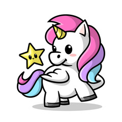A CUTE UNICORN IS PLAYING WITH A LITTLE STAR CARTOON ILLUSTRATION.