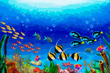 Naklejka na ściany i meble Vector illustration of the underwater world.Algae, fish and animals in color vector illustration of the underwater sea world.