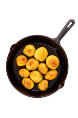 Fried potatoes in a pan, isolated on white background.