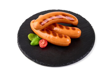 Roasted sausages, isolated on white background.