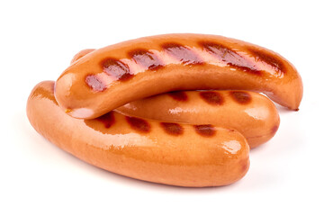 Roasted sausages, isolated on white background.
