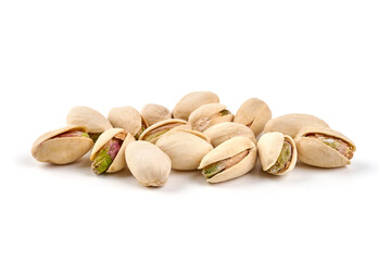Pistachio nuts, isolated on white background. Close-up.