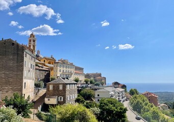 Fototapeta na wymiar Panoramic view of dreamy mountain village Cervione in Castagniccia, Corsica.