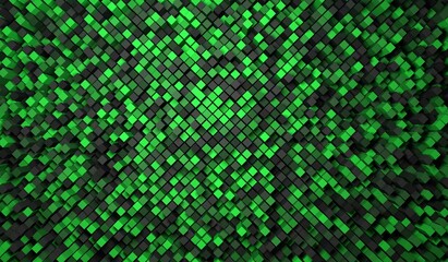 Random structure of cubes of different heights in the form of a lattice. Abstract geometric background in black and green colors. 3d render