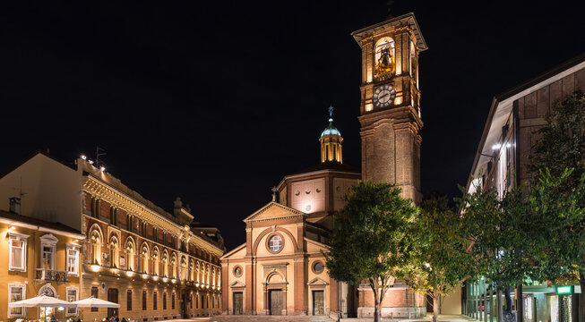 Historic center of an Italian city at night. Legnano, Piazza San Magno (square Saint Magno) with the Basilica of San Magno (XVI century), Lombardy region
