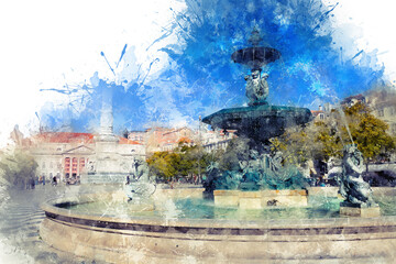 Watercolor drawing, Fountain on the main square in Lisbon, Portugal