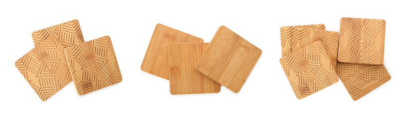 Set with stylish wooden cup coasters on white background, top view. Banner design