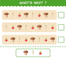 What's comes next educational game of cartoon vegetables. Find the regularity and continue the row task. Educational game for pre shool years kids and toddlers