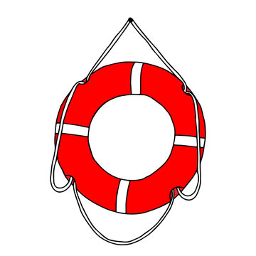 Beautiful hand drawn vector illustration of one red plastic boat lifebuoy with a rope isolated on a white background