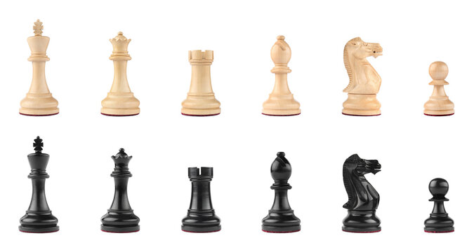 Set with different chess pieces on white background