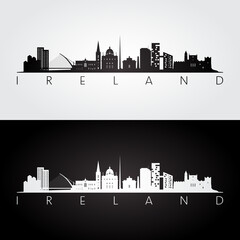Ireland skyline and landmarks silhouette, black and white design, vector illustration.