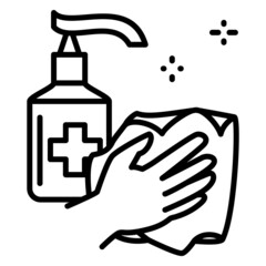 A hand with a sponge and a napkin wipes the surface with a disinfectant. Sanitary treatment. Vector icon, outline, isolated